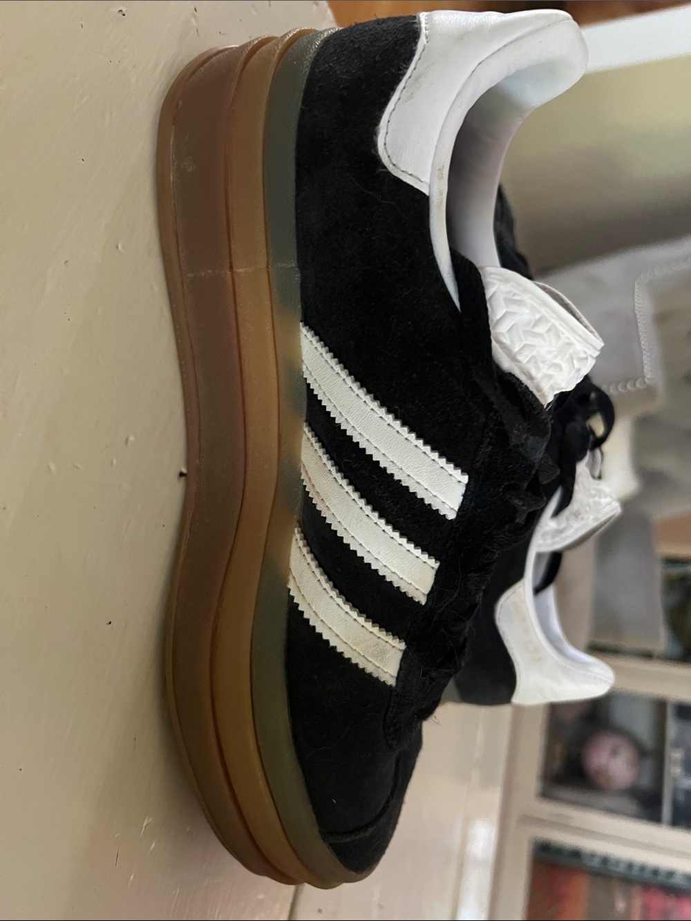adidas Gazelle Black & White Suede Sneakers with Gum Sole platform - Picture 3 of 7